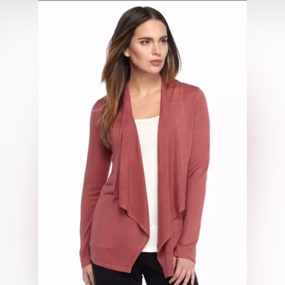 EILEEN FISHER sandstone cascading open silk linen cardigan long sleeve size S